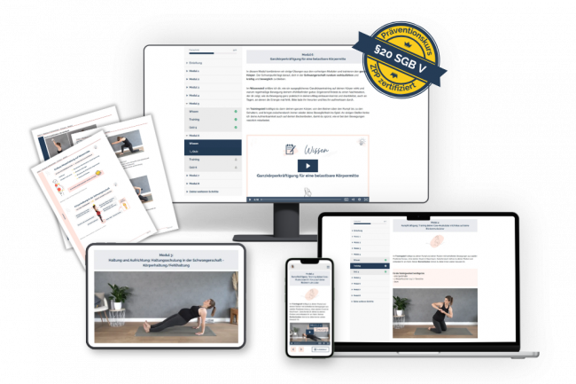 Beckenbodentraining in der Schwangerschaft auf Laptop, Tablet und Smartphone